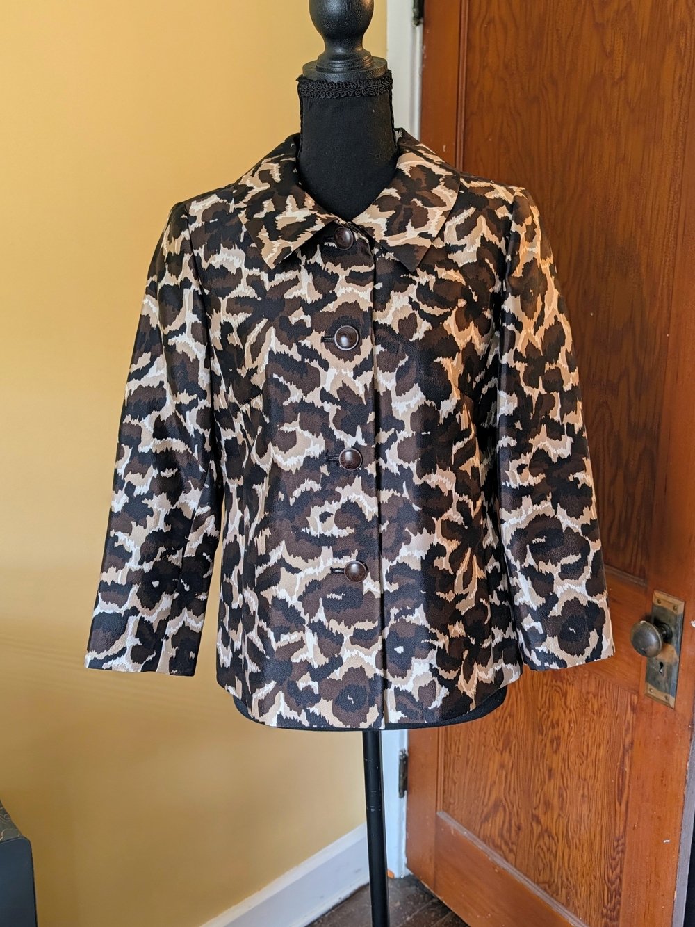 Talbots Leopard-Print Button Front Blazer - Black, Brown & Cream